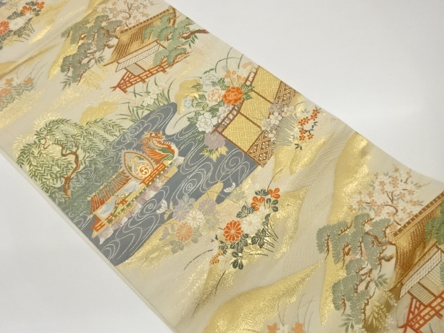 JAPANESE KIMONO / FUKURO OBI / WOVEN GARDEN LANDSCAPE PATTERN